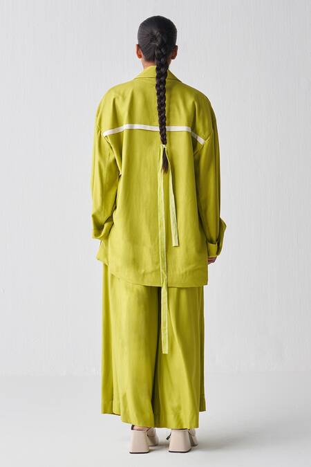 Shop Three Green Tencel Collared Wide Sleeve Jacket And Pant Set at Aza Fashions Shop_Three_Green Tencel Collared Wide Sleeve Jacket And Pant Set _at_Aza_Fashions