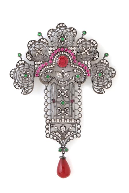 Shop_Cosa Nostraa_Black Stones Victorian Themed Brooch _at_Aza_Fashions
