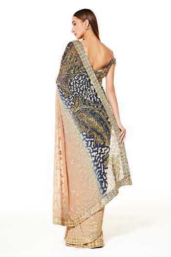 Rabani & Rakha_Blue Georgette Sequins, Beads Off-shoulder Zaynab Shaded Saree With Blouse _Online_at_Aza_Fashions