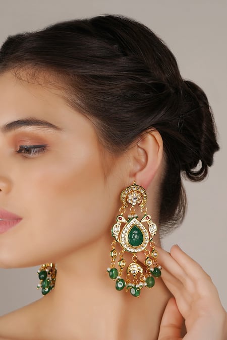 ChhavI'S Jewels_Green Stones, Pearls, Diamonds Kundan Embellished Chandelier Earrings _Online_at_Aza_Fashions