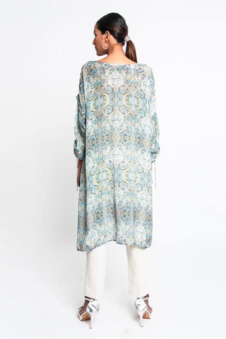 Shop Anmol Kakad Beige Crepe Round Neck Asymmetric Mosaic Pattern Top at Aza Fashions Shop_Anmol Kakad_Beige Crepe Round Neck Asymmetric Mosaic Pattern Top_at_Aza_Fashions