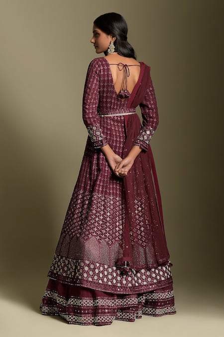 Shop Two Sisters By Gyans Maroon Georgette, Dupatta Net Sequin And Resham Embroidered Anarkali Lehenga Set at Aza Fashions Shop_Two Sisters By Gyans_Maroon Georgette, Dupatta Net Sequin And Resham Embroidered Anarkali Lehenga Set _at_Aza_Fashions