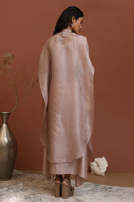 Shop Neha Poddar Beige Cape Organza And Dress Summer Silk Embroidery Bead & Border & Set at Aza Fashions Shop_Neha Poddar_Beige Cape Organza And Dress Summer Silk Embroidery Bead & Border & Set _at_Aza_Fashions