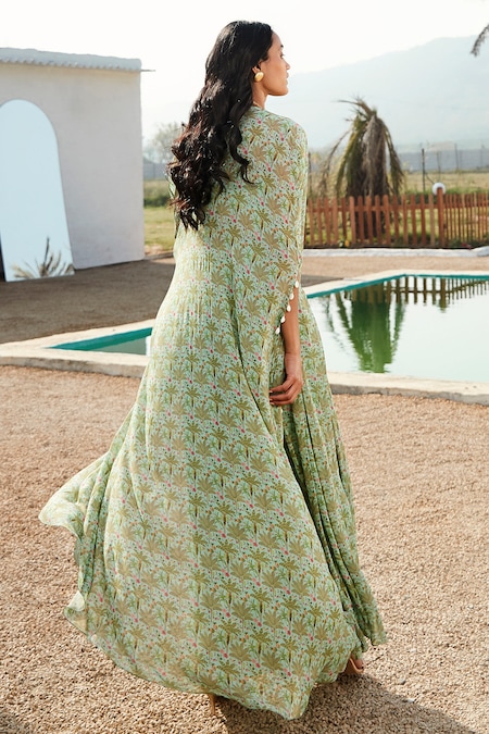 Shop_Basanti - Kapde Aur Koffee_Green Georgette Mirrors Sweetheart Neck Tropical Trees Print Cape Palazzo Set _at_Aza_Fashions