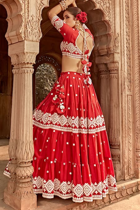 Shop_Preevin_Red Cotton, Tulle, Net Mirrors, Embroidery Mirrorwork Tiered Lehenga Set _at_Aza_Fashions
