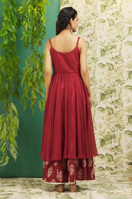 Shop Alaya Advani Red Cotton, Organza Embroidery, Mirrors Scoop Strappy Bodice Kurta Palazzo Set at Aza Fashions Shop_Alaya Advani_Red Cotton, Organza Embroidery, Mirrors Scoop Strappy Bodice Kurta Palazzo Set_at_Aza_Fashions