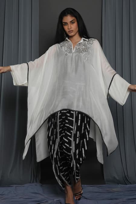 Shop_Krishna Mehta_White Chanderi Hand Embroidered Sequin Shirt Collar Asymmetrical Hem Cape Tunic _at_Aza_Fashions