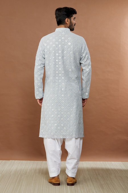 Shop Aham-Vayam Grey , Satin Mirrors Kaanchkaari Embroidered Kurta And Patiala Set at Aza Fashions Shop_Aham-Vayam_Grey , Satin Mirrors Kaanchkaari Embroidered Kurta And Patiala Set _at_Aza_Fashions