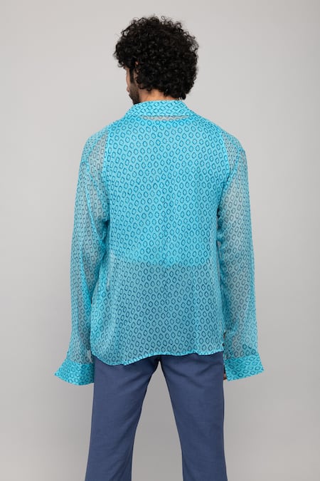 Shop_Kalakaari By Sagarika_Blue Cotton, Chiffon Embroidery Plain Pant With Printed Shirt Set _at_Aza_Fashions