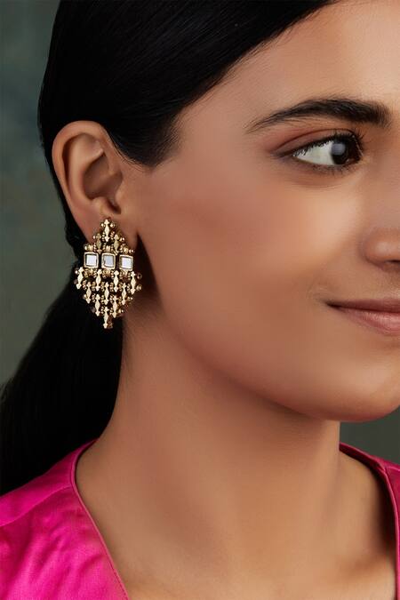 Shop House Of Tuhina Gold Plated Mirrors Studded Falak Teer Earrings at Aza Fashions Shop_House Of Tuhina_Gold Plated Mirrors Studded Falak Teer Earrings _at_Aza_Fashions