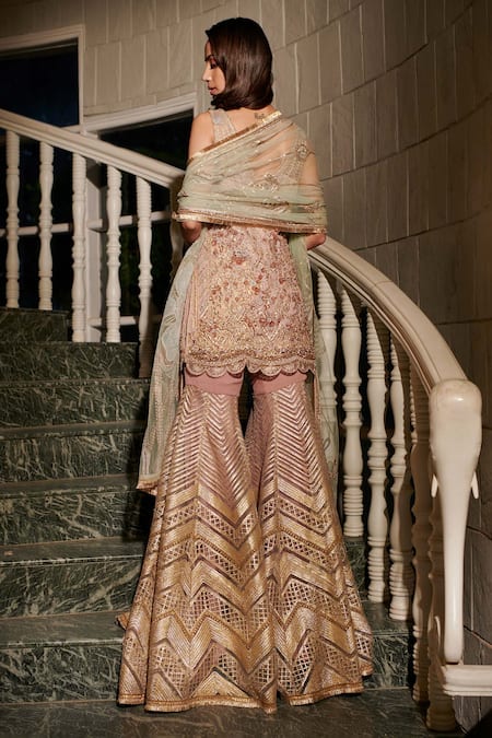 Shop Adaara Couture Orange Silk, Georgette Sequins, Embroidery, Beads V-neck Hand Kurta Sharara Set at Aza Fashions Shop_Adaara Couture_Orange Silk, Georgette Sequins, Embroidery, Beads V-neck Hand Kurta Sharara Set _at_Aza_Fashions