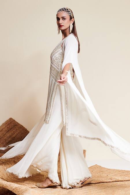 Reeti Arneja_Ivory Georgette Sequins, Beads V-neck Indu Panel Embroidered Kurta Sharara Set _Online_at_Aza_Fashions