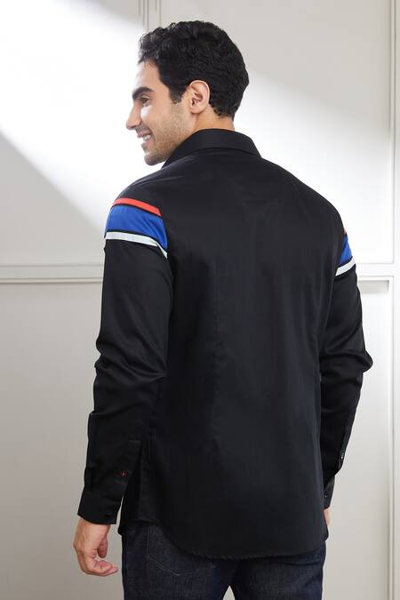 Shop Seven Black Cotton Satin Retro Contrast Panel Shirt at Aza Fashions Shop_Seven_Black Cotton Satin Retro Contrast Panel Shirt_at_Aza_Fashions