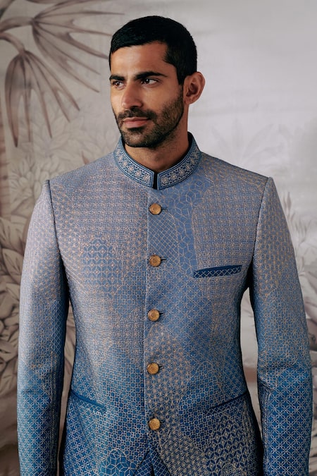 Shop_Philocaly_Blue Cotton, Silk Zari Jal-mahal Embroidered Bandhgala _at_Aza_Fashions