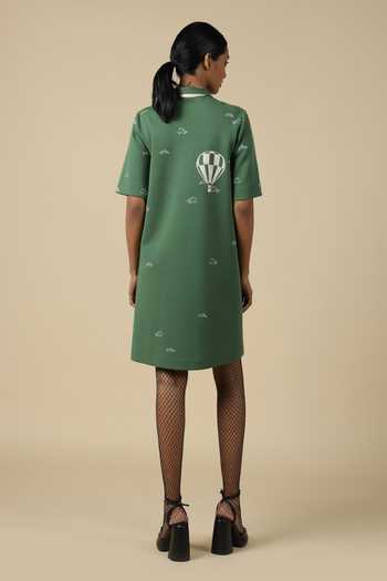 Shop Shahin Mannan Green Jersey Embroidery Collared Shift Dress at Aza Fashions Shop_Shahin Mannan_Green Jersey Embroidery Collared Shift Dress _at_Aza_Fashions