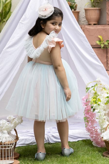 Shop_Darleen Kids Couture_Blue Net, Taffeta Pearls, Beads Emily Floral Embellished Dress _at_Aza_Fashions
