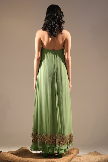 Shop_Nikita Mhaisalkar_Green Chiffon, Georgette Zari, Embroidery Halter Asymmetric Kurta And Sharara Set _at_Aza_Fashions