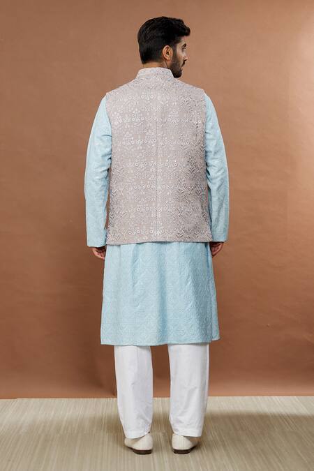 Shop_Aham-Vayam_Gray Cotton Embroidery, Sequins Floral Grey Nehru Jacket _at_Aza_Fashions
