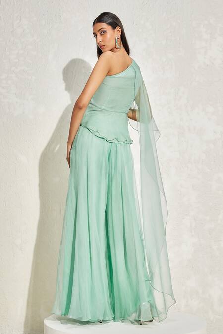 Shop Namrata Joshipura Green Organza Metallic Thread, Embroidery One Embellished Peplum And Palazzo Set at Aza Fashions Shop_Namrata Joshipura_Green Organza Metallic Thread, Embroidery One Embellished Peplum And Palazzo Set_at_Aza_Fashions