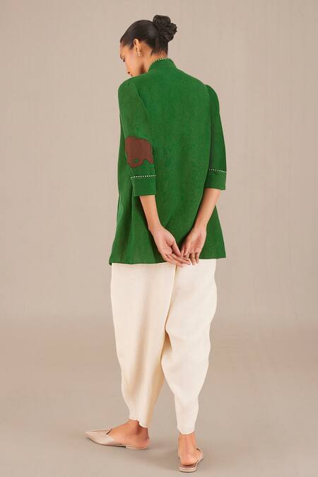 Shop Ampm Green Linen Embroidery V-neck Jacket at Aza Fashions Shop_Ampm_Green Linen Embroidery V-neck Jacket_at_Aza_Fashions