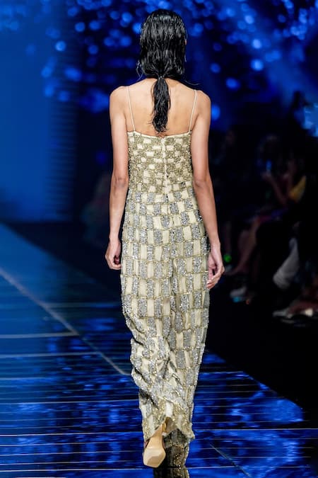 Shop Geisha Designs Green Nylon Embroidery Sequin Sweetheart Eberta Checkered Jumpsuit at Aza Fashions Shop_Geisha Designs_Green Nylon Embroidery Sequin Sweetheart Eberta Checkered Jumpsuit _at_Aza_Fashions