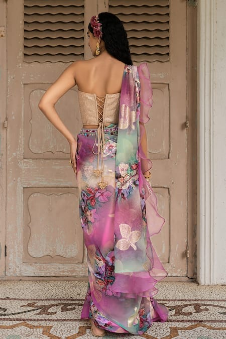 Shop_Amrin Khan_Purple Georgette Print And Embroidery Floral Ruffle Saree With Blouse  _at_Aza_Fashions