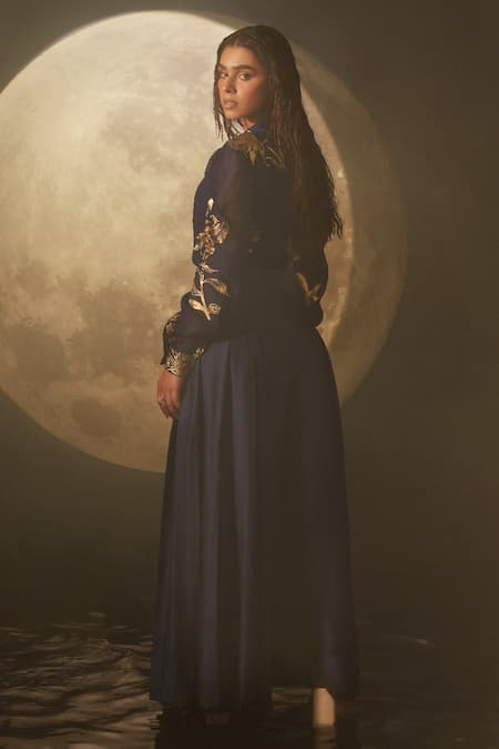 Shop_Dohr India_Blue Organza, Silk, Cotton Foil Printing, Embroidery Mandarin Shirt And Pant Set _at_Aza_Fashions