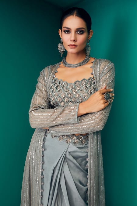 Shop Rishi And Soujit Blue Organza Embroidery Cutdana Jacket Sequin And Draped Skirt Set at Aza Fashions Shop_Rishi And Soujit_Blue Organza Embroidery Cutdana Jacket Sequin And Draped Skirt Set _at_Aza_Fashions