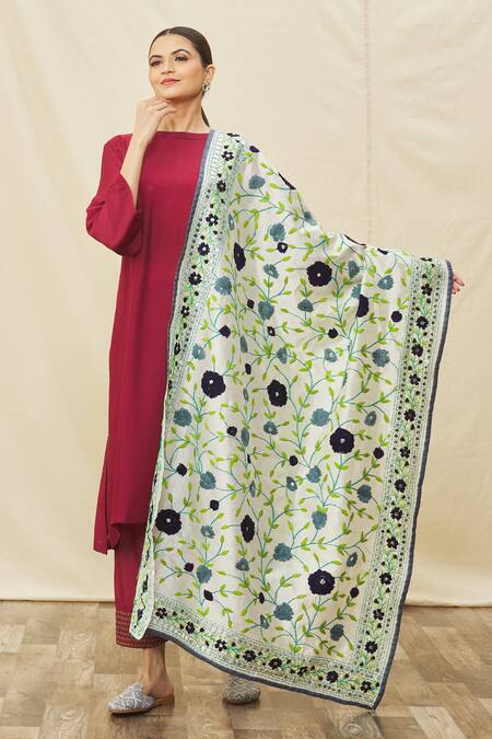Shop_Samyukta Singhania_Multi Color Silk Embroidery Botanic Pattern Phulkari Dupatta _at_Aza_Fashions