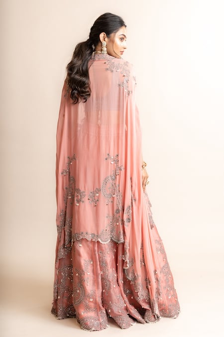 Shop_Nupur Kanoi_Pink Crepe, Satin, Organza Embroidered Asymmetric Hem Cape And Lehenga Set _at_Aza_Fashions