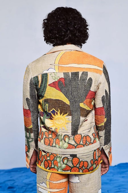 Shop Triune Multi Color Handloom Cotton Printed Desert Sundowner Biker Jacket at Aza Fashions Shop_Triune_Multi Color Handloom Cotton Printed Desert Sundowner Biker Jacket _at_Aza_Fashions