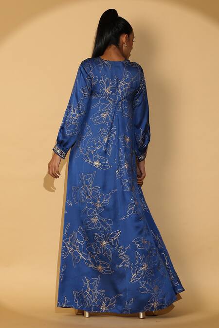 Shop Madder Much Blue 65% Cupro 35% Modal Printed Floral V Neck Vivi Kaftan at Aza Fashions Shop_Madder Much_Blue 65% Cupro 35% Modal Printed Floral V Neck Vivi Kaftan _at_Aza_Fashions