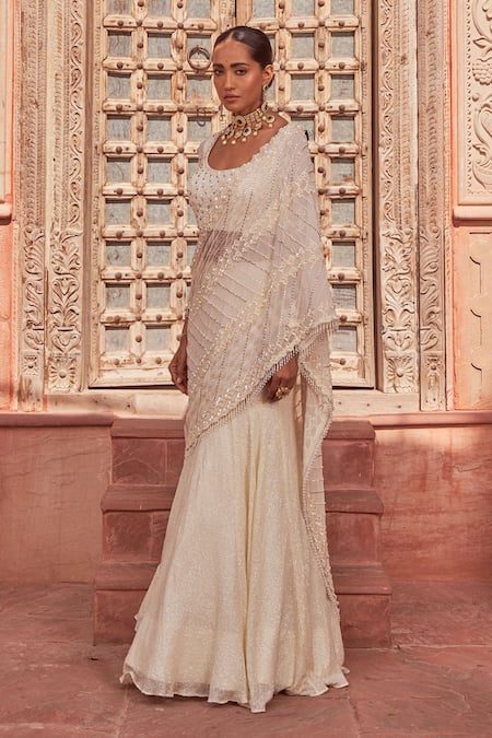 Nidhika Shekhar Ivory Embroidered Pre-Draped Lehenga Saree 