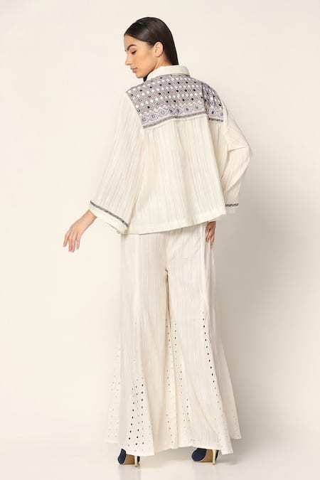 Shop Two Sisters By Gyans White Cotton Embroidery Collared Shirt And Wide Leg Pant Set at Aza Fashions Shop_Two Sisters By Gyans_White Cotton Embroidery Collared Shirt And Wide Leg Pant Set _at_Aza_Fashions