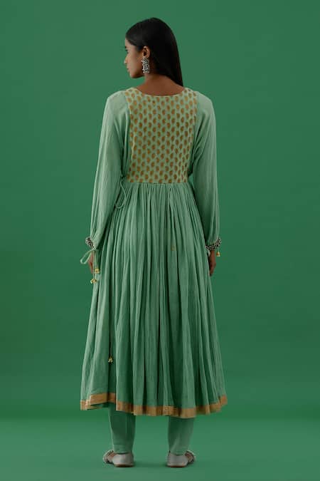 Shop 5elements Green 100% Cotton With Silk Brocade Yoke Embellishment Brooch Round Anarkali Set at Aza Fashions Shop_5elements_Green 100% Cotton With Silk Brocade Yoke Embellishment Brooch Round Anarkali Set _at_Aza_Fashions