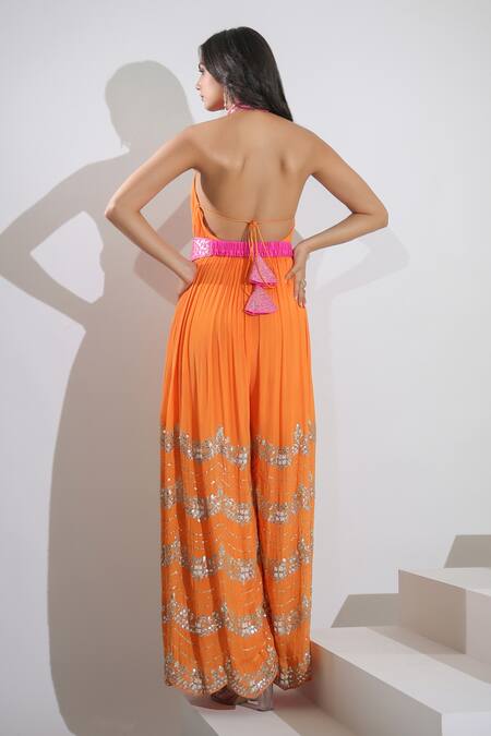 Shop Pallavi Jaipur Orange Lining Shantoon, Wrinkle Crepe Gota, Scallop Halter Embroidered Jumpsuit at Aza Fashions Shop_Pallavi Jaipur_Orange Lining Shantoon, Wrinkle Crepe Gota, Scallop Halter Embroidered Jumpsuit _at_Aza_Fashions