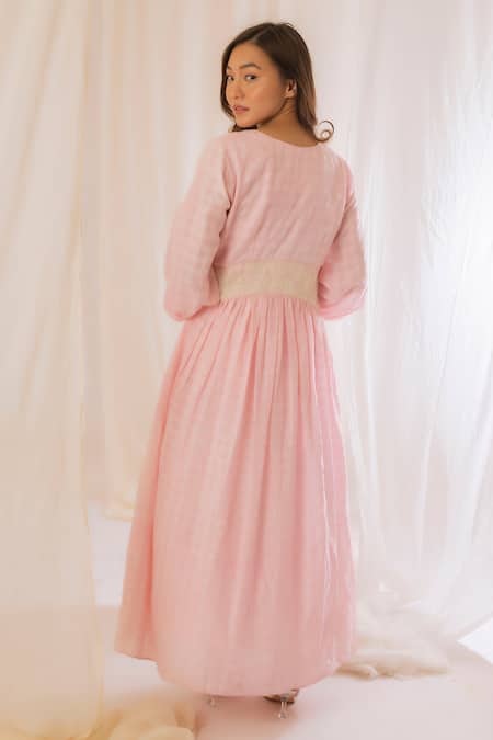 Shop Vaani Beswal Pink Handwoven Mulberry Silk Checkered, Floral V Neck Pattern Dress at Aza Fashions Shop_Vaani Beswal_Pink Handwoven Mulberry Silk Checkered, Floral V Neck Pattern Dress _at_Aza_Fashions