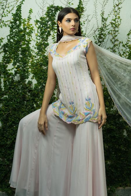 Shop Richa Jaisinghani Label Pink Georgette And Net Beads & Thread, Sequin Embroidered Short Kurta Palazzo Set at Aza Fashions Shop_Richa Jaisinghani Label_Pink Georgette And Net Beads & Thread, Sequin Embroidered Short Kurta Palazzo Set _at_Aza_Fashions