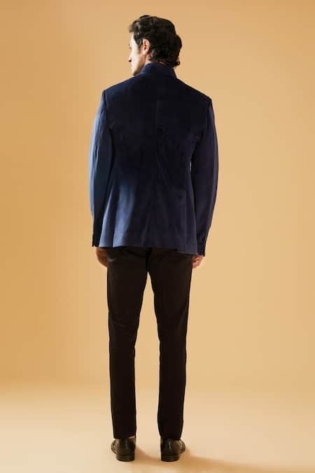 Shop Raghavendra Rathore Blue Blue Velvet Mandarin Collar Bandhgala at Aza Fashions Shop_Raghavendra Rathore Blue_Blue Velvet Mandarin Collar Bandhgala _at_Aza_Fashions