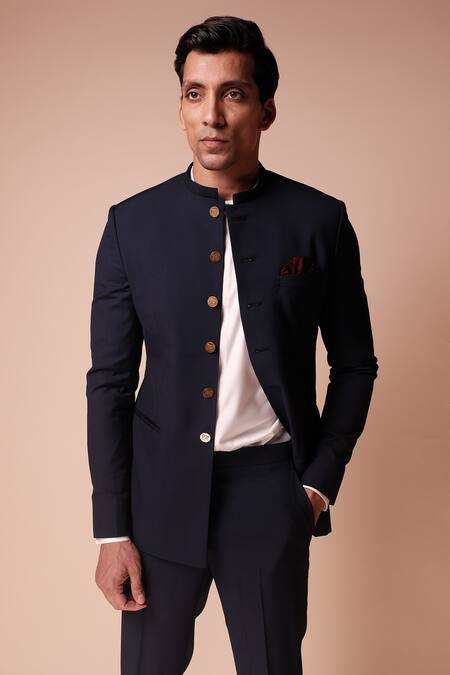 Shop_Tisa - Men_Blue Terry Rayon Plain Button Down Bandhgala Set_at_Aza_Fashions