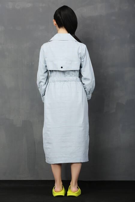 Shop I Am Trouble By KC Blue Cotton Dobby Embroidered Abstract Spread Collar Checkered Dress at Aza Fashions Shop_I Am Trouble By KC_Blue Cotton Dobby Embroidered Abstract Spread Collar Checkered Dress_at_Aza_Fashions