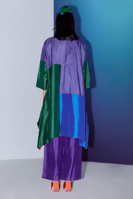 Shop Febo6 Multi Color Silk Split V-neck Block Kurta at Aza Fashions Shop_Febo6_Multi Color Silk Split V-neck Block Kurta _at_Aza_Fashions