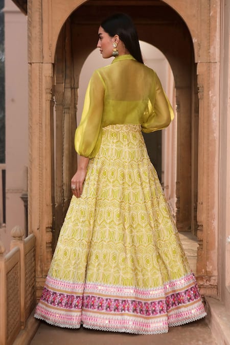 Shop Dheeru Taneja Green Organza, Chanderi Beads, Mirrors, Samsara Shirt And Printed Lehenga Set at Aza Fashions Shop_Dheeru Taneja_Green Organza, Chanderi Beads, Mirrors, Samsara Shirt And Printed Lehenga Set _at_Aza_Fashions