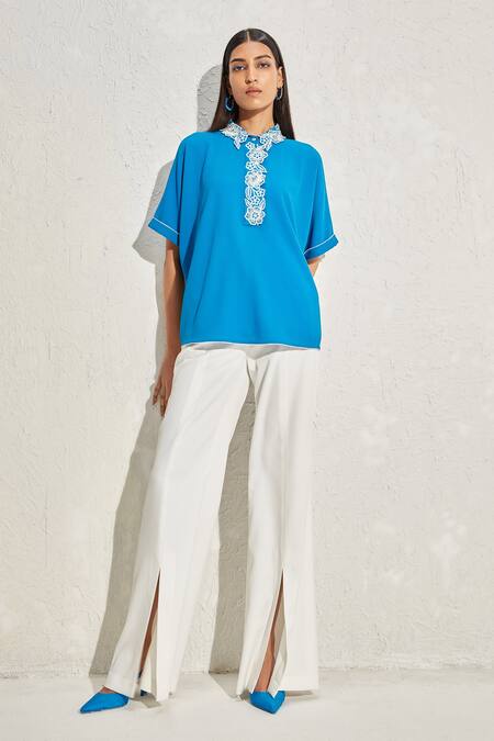 Shop Namrata Joshipura Blue Moss Crepe Hand Embellished Floral Patterns Collared Neck Wisteria Boxy Top at Aza Fashions Shop_Namrata Joshipura_Blue Moss Crepe Hand Embellished Floral Patterns Collared Neck Wisteria Boxy Top_at_Aza_Fashions