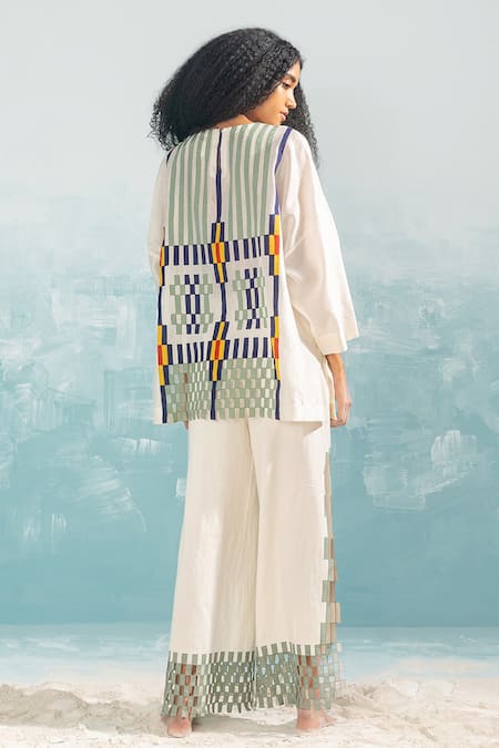 Shop_Ikai By Ragini Ahuja_Ivory 100% Cotton Embroidery Applique And Cutwork High Slit Pant _at_Aza_Fashions