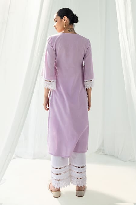 Shop Roze Purple Cotton, Handloom Cotton, Chiffon Lace, Iris Front Pleated Kurta Set at Aza Fashions Shop_Roze_Purple Cotton, Handloom Cotton, Chiffon Lace, Iris Front Pleated Kurta Set _at_Aza_Fashions