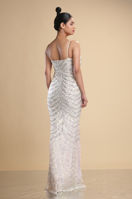 Shop Kommal Sood Silver Lycra Stretch Net Graphic Pattern Work Strappy Gown at Aza Fashions Shop_Kommal Sood_Silver Lycra Stretch Net Graphic Pattern Work Strappy Gown _at_Aza_Fashions