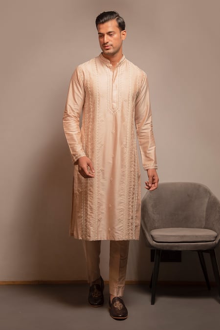 Shop Darshika Menswear Peach Cotton, Silk Pearls, Embroidery Kurta Set at Aza Fashions Shop_Darshika Menswear_Peach Cotton, Silk Pearls, Embroidery Kurta Set _at_Aza_Fashions