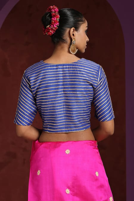 Shop Weaver Story Blue Mohair Gota Patti, Zari V-neck Chevron Blouse at Aza Fashions Shop_Weaver Story_Blue Mohair Gota Patti, Zari V-neck Chevron Blouse _at_Aza_Fashions