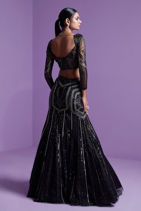Shop_Parul Gandhi_Black Silk, Cotton, Net Sequins, Crystals Mesh Embroidered Lehenga Set _at_Aza_Fashions